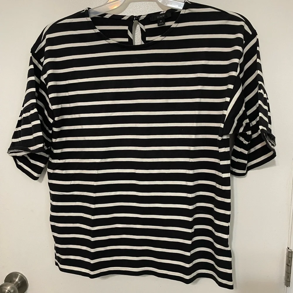 J. Crew Short ruffle Sleeve black white striped Pullover Mariner Cloth Blouse